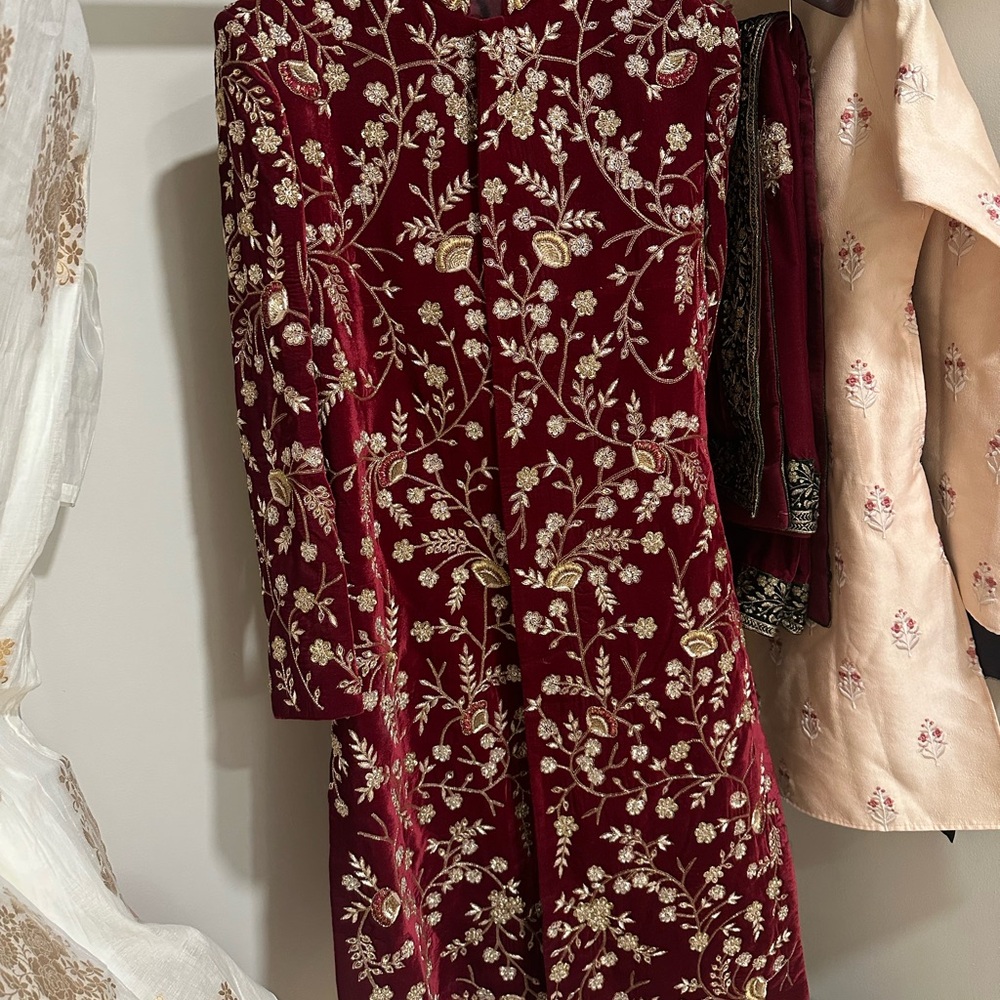 Mens Elegant Maroon Sherwani with Gold Hand Embroidery + Shawl